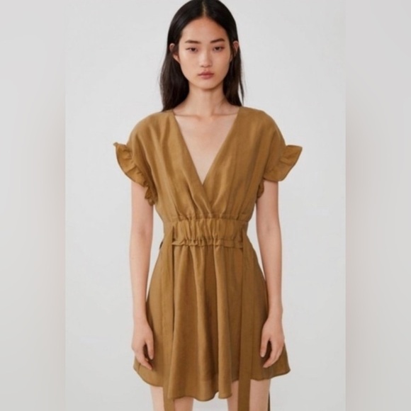 Zara Women’s Ruffle Sleeve Tie Waist Mini Dress in Camel Tan Sz Small - Picture 2 of 16
